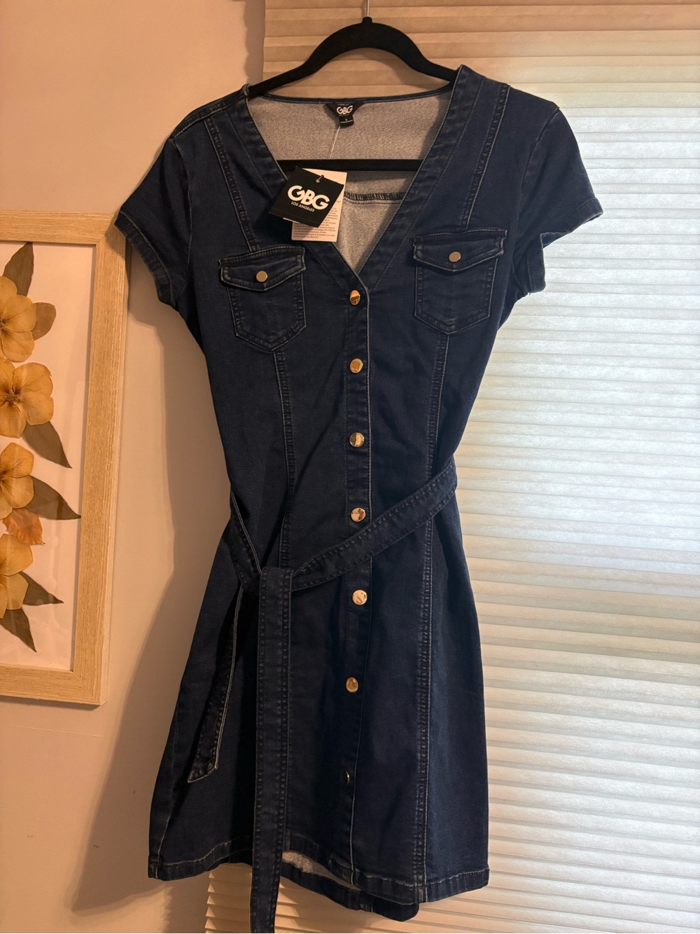 GBG Los Angeles Navy Denim Button-Front Mini Dress with Belt